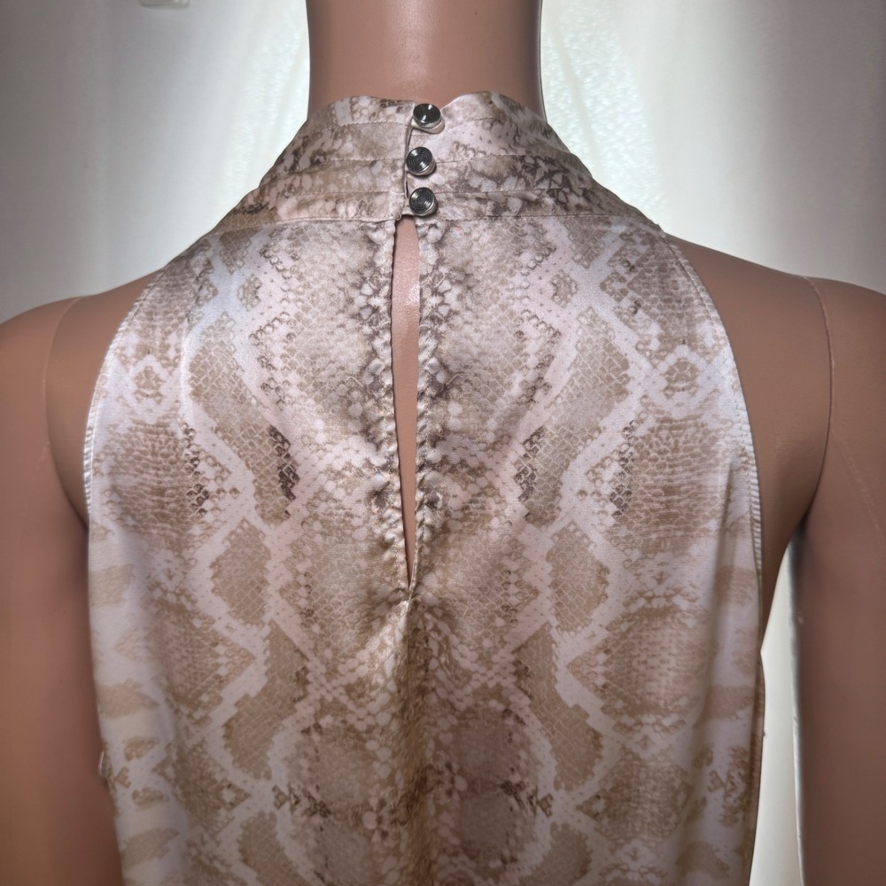 White House Black Market Snakeskin Halter Top Beige Surplice Smocked Blouse WHBM - Picture 5 of 10